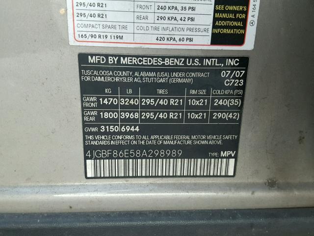 4JGBF86E58A298989 - 2008 MERCEDES-BENZ GL 550 4MA SILVER photo 10