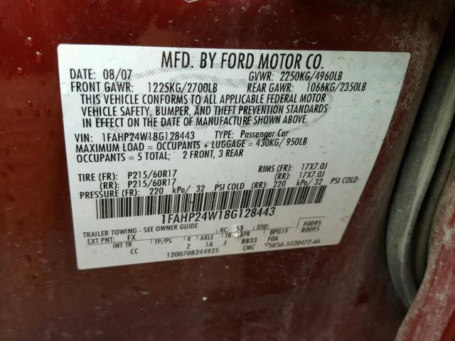 1FAHP24W18G128443 - 2008 FORD TAURUS SEL MAROON photo 10