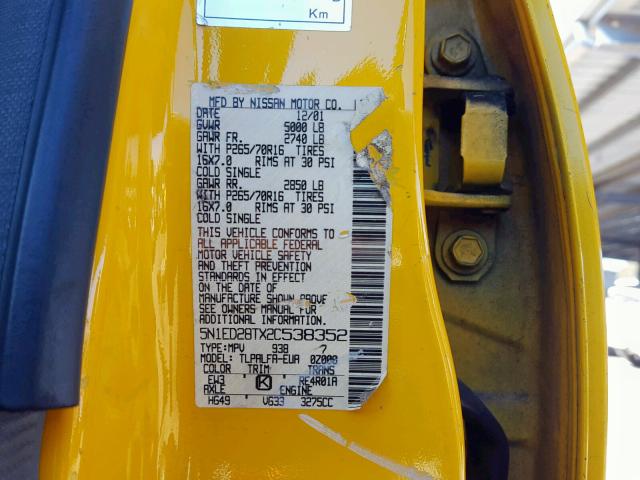 5N1ED28TX2C538352 - 2002 NISSAN XTERRA XE YELLOW photo 10