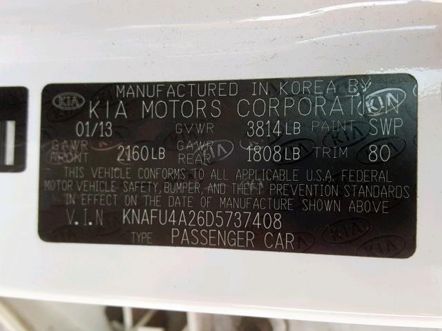 KNAFU4A26D5737408 - 2013 KIA FORTE EX WHITE photo 10