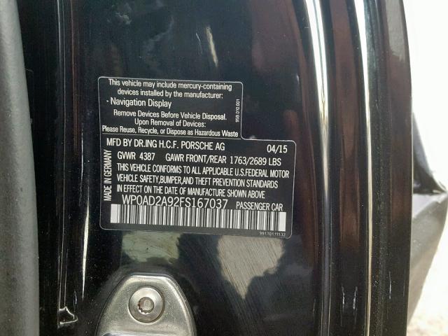 WP0AD2A92FS167037 - 2015 PORSCHE 911 TURBO BLACK photo 10