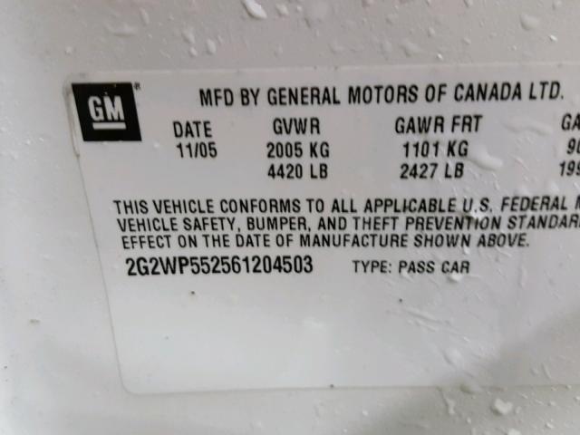 2G2WP552561204503 - 2006 PONTIAC GRAND PRIX WHITE photo 10