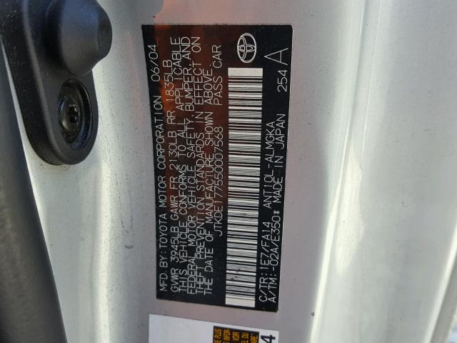 JTKDE177550007568 - 2005 TOYOTA SCION TC 银色 照片 10