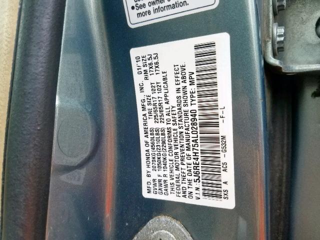 5J6RE4H75AL028940 - 2010 HONDA CR-V EXL BLUE photo 10