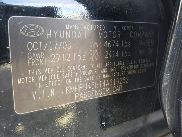 KMHFU45E14A319252 - 2004 HYUNDAI XG 350 BLACK photo 10