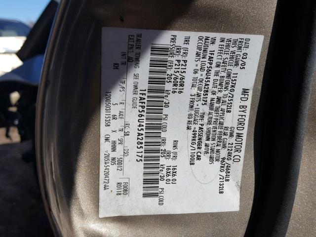 1FAFP56U45A285175 - 2005 FORD TAURUS SEL TAN photo 10