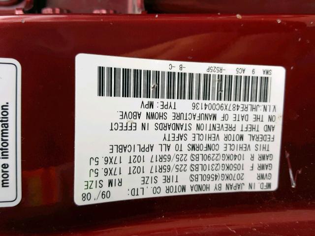 JHLRE487X9C004136 - 2009 HONDA CR-V EXL RED photo 10