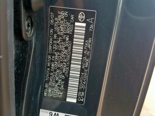 JTKDE167X80248001 - 2008 TOYOTA SCION TC ნაცრისფერი ფოტო 10