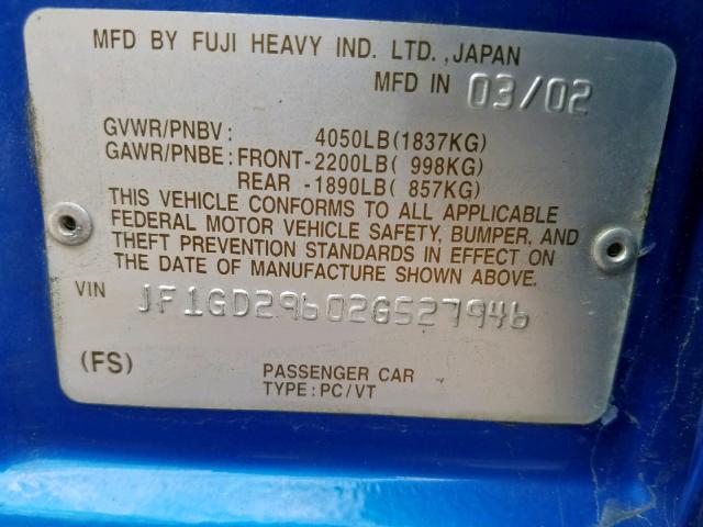 JF1GD29602G527946 - 2002 SUBARU IMPREZA WR BLUE photo 10