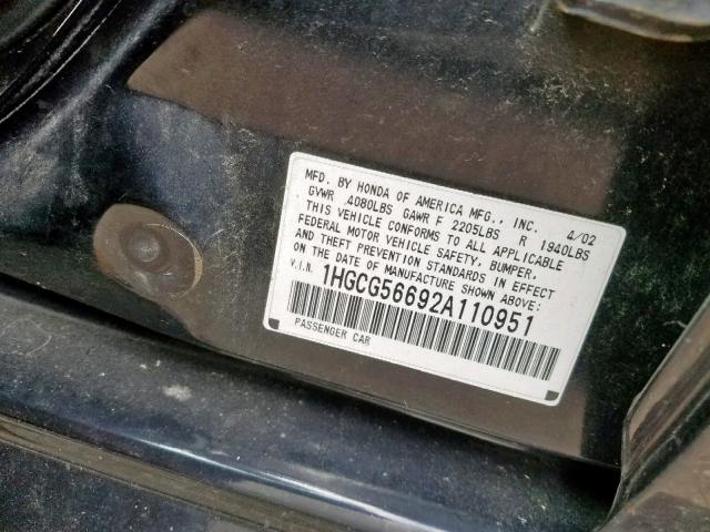 1HGCG56692A110951 - 2002 HONDA ACCORD EX BLACK photo 10