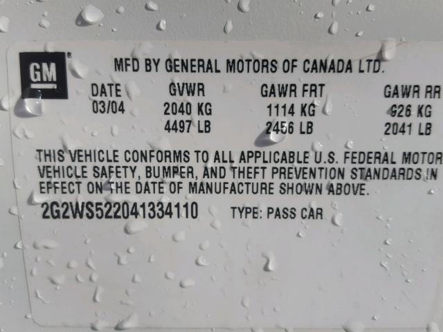 2G2WS522041334110 - 2004 PONTIAC GRAND PRIX WHITE photo 10