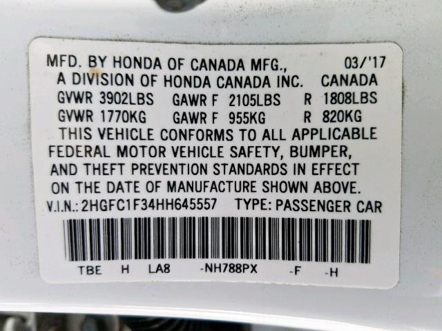 2HGFC1F34HH645557 - 2017 HONDA CIVIC EX WHITE photo 10