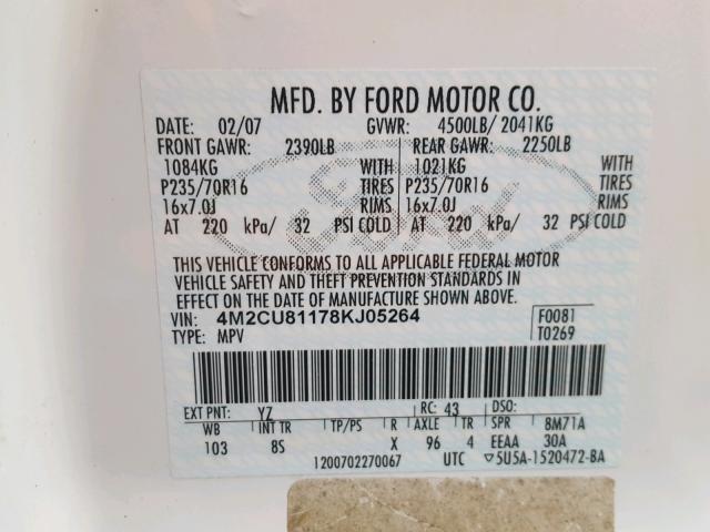 4M2CU81178KJ05264 - 2008 MERCURY MARINER WHITE photo 10