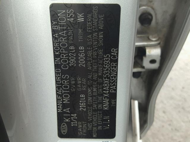 KNAFX4A8XF5356935 - 2015 KIA FORTE EX SILVER photo 10