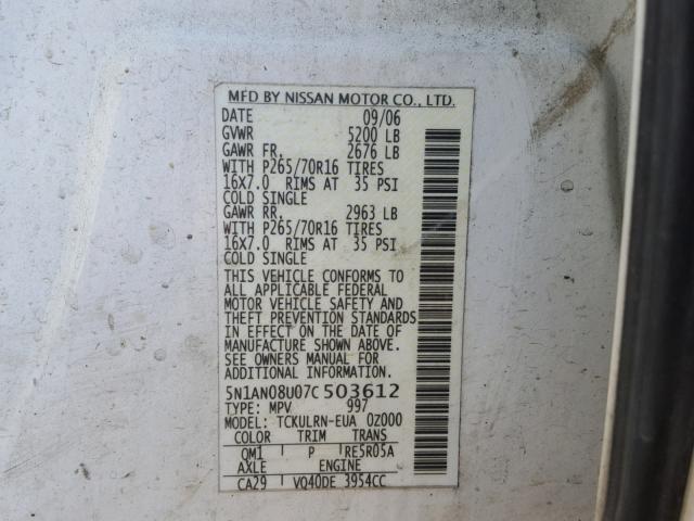 5N1AN08U07C503612 - 2007 NISSAN XTERRA OFF Білий фото 10