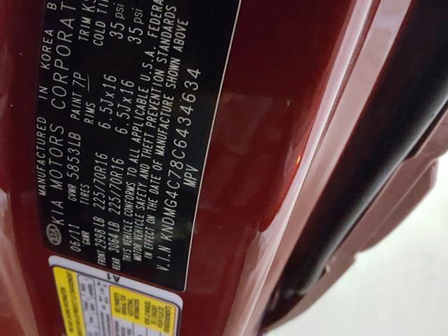 KNDMG4C78C6434634 - 2012 KIA SEDONA LX RED photo 10