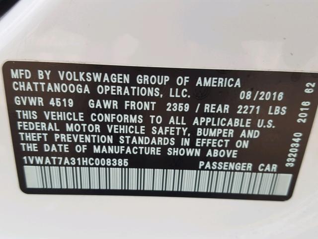 1VWAT7A31HC008385 - 2017 VOLKSWAGEN PASSAT S WHITE photo 10