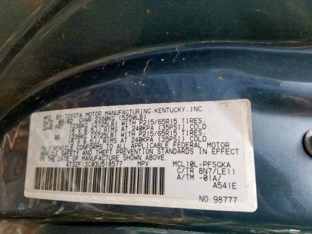 4T3ZF13C03U518577 - 2003 TOYOTA SIENNA LE GRAY photo 10