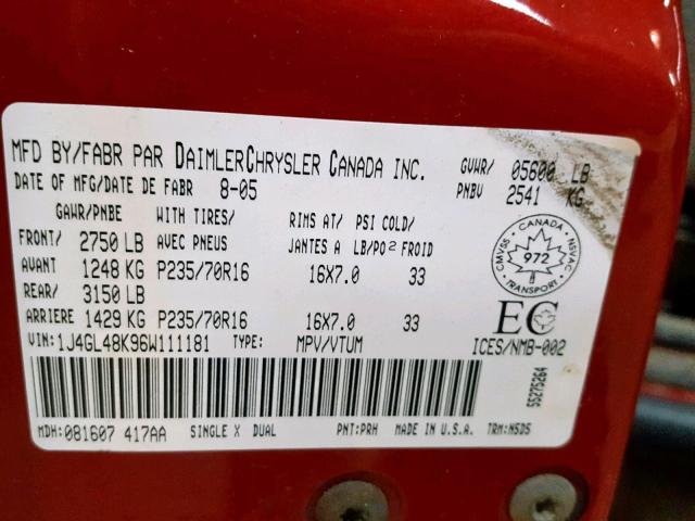 1J4GL48K96W111181 - 2006 JEEP LIBERTY SP RED photo 10