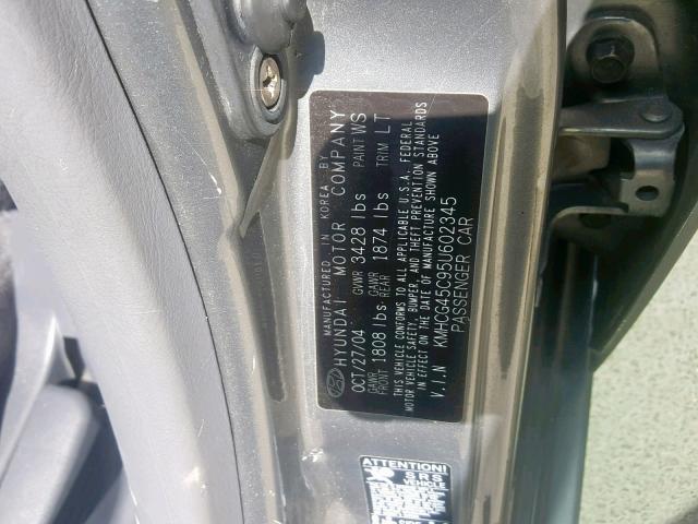 KMHCG45C95U602345 - 2005 HYUNDAI ACCENT GL GRAY photo 10