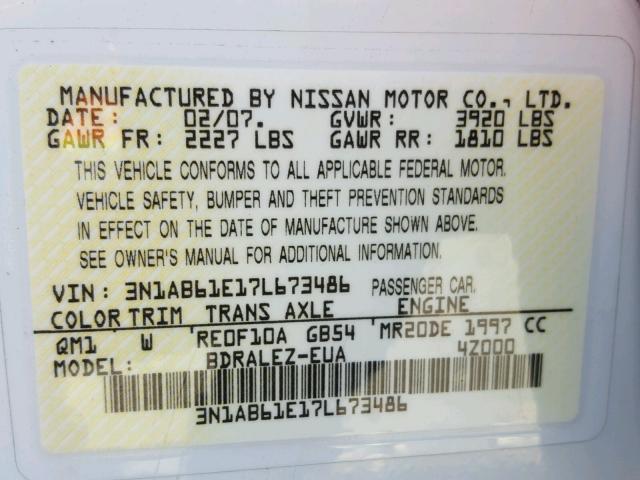 3N1AB61E17L673486 - 2007 NISSAN SENTRA 2.0 WHITE photo 10