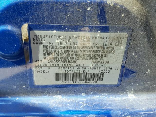 3N1CE2CP0EL362300 - 2014 NISSAN VERSA NOTE BLUE photo 10