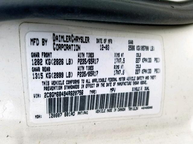 2C8GM68494R620756 - 2004 CHRYSLER PACIFICA WHITE photo 10