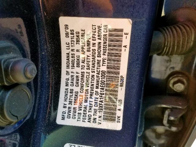 19XFA1F61AE001000 - 2010 HONDA CIVIC LX-S BLUE photo 10