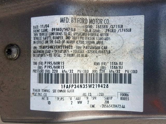 1FAFP34N35W219428 - 2005 FORD FOCUS ZX4 GRAY photo 10