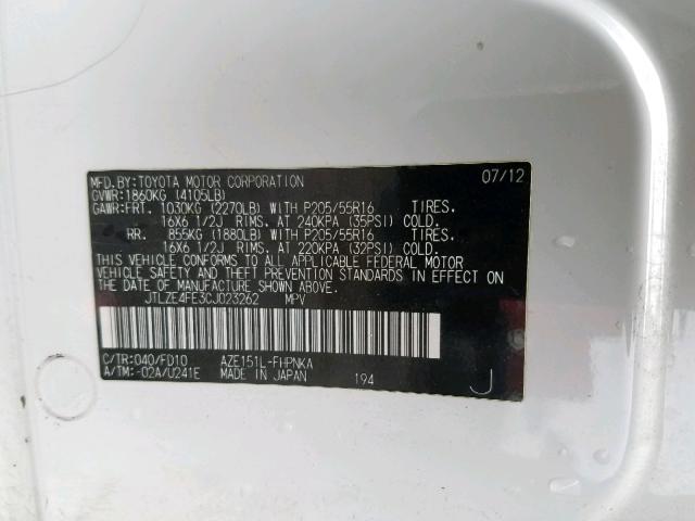 JTLZE4FE3CJ023262 - 2012 TOYOTA SCION XB 白色 照片 10