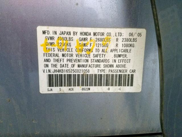 JH4KB16525C021058 - 2005 ACURA RL BLUE photo 10