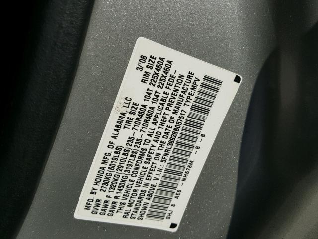 5FNRL38828B057517 - 2008 HONDA ODYSSEY TO SILVER photo 10