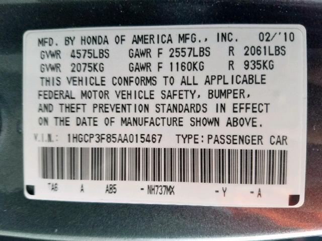 1HGCP3F85AA015467 - 2010 HONDA ACCORD EXL GRAY photo 10