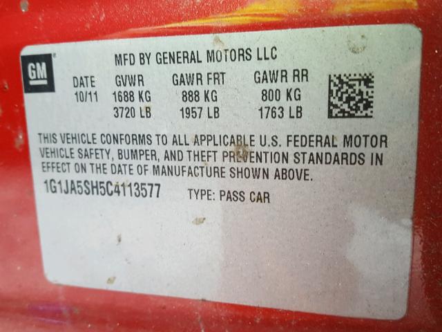 1G1JA5SH5C4113577 - 2012 CHEVROLET SONIC LS 红色 照片 10