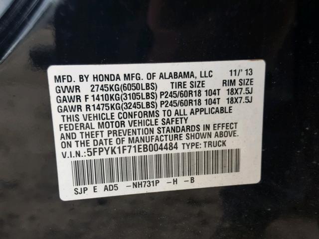 5FPYK1F71EB004484 - 2014 HONDA RIDGELINE BLACK photo 10