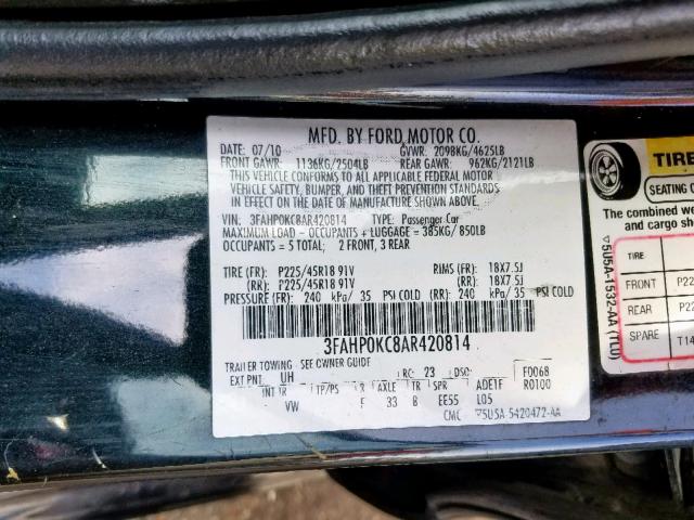 3FAHP0KC8AR420814 - 2010 FORD FUSION SPO BLACK photo 10