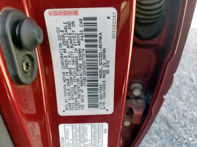 JTDBE30K520077074 - 2002 TOYOTA CAMRY LE RED photo 10