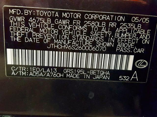 JTHCH96S260006070 - 2006 LEXUS GS 300 CHARCOAL photo 10