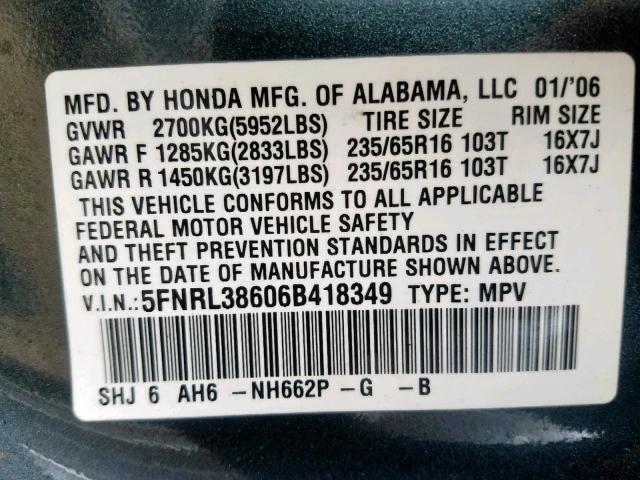 5FNRL38606B418349 - 2006 HONDA ODYSSEY EX BLUE photo 10