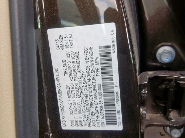 5J8TB3H55GL001003 - 2016 ACURA RDX TECHNO BLACK photo 10