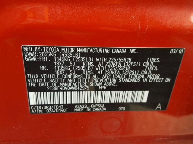 2T3RF4DV0AW042975 - 2010 TOYOTA RAV4 SPORT RED photo 10