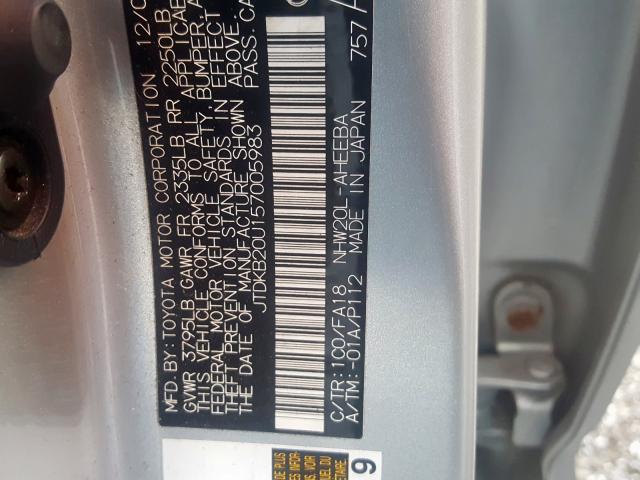 JTDKB20U157005983 - 2005 TOYOTA PRIUS SILVER photo 10