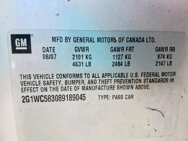 2G1WC583089189045 - 2008 CHEVROLET IMPALA LT SILVER photo 10