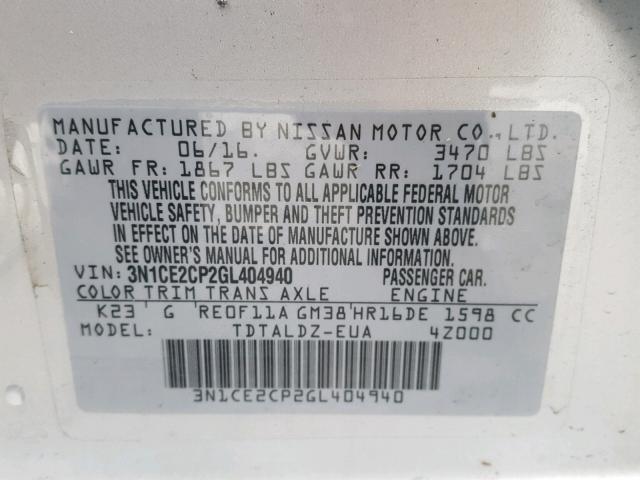 3N1CE2CP2GL404940 - 2016 NISSAN VERSA NOTE SILVER photo 10