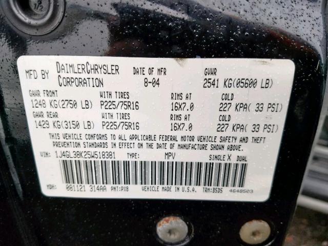 1J4GL38K25W518381 - 2005 JEEP LIBERTY RE BLACK photo 10