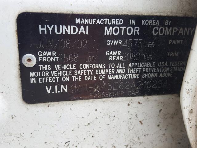 KMHFU45E62A210234 - 2002 HYUNDAI XG 350 WHITE photo 10