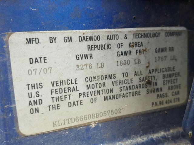 KL1TD66608B057502 - 2008 CHEVROLET AVEO BASE Blau Foto 10