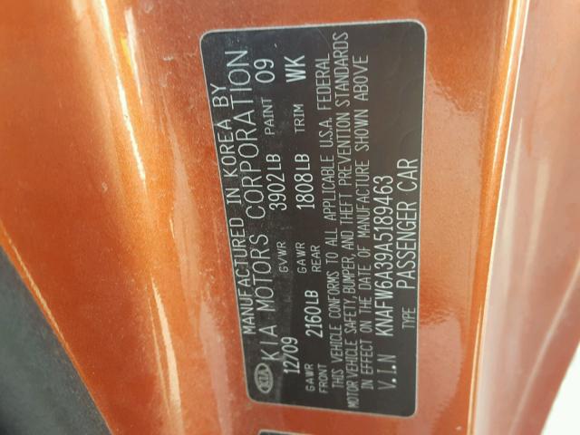 KNAFW6A39A5189463 - 2010 KIA FORTE SX ORANGE photo 10