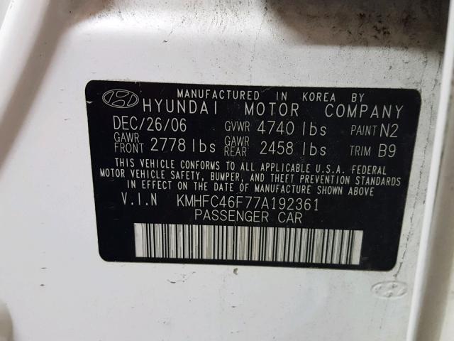 KMHFC46F77A192361 - 2007 HYUNDAI AZERA SE WHITE photo 10