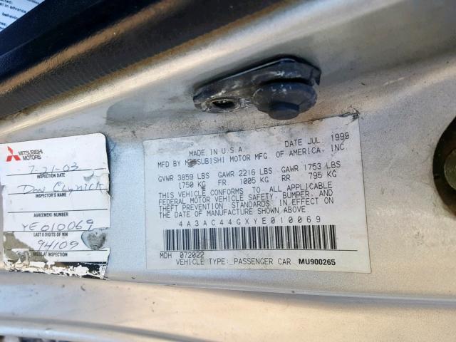 4A3AC44GXYE010069 - 2000 MITSUBISHI ECLIPSE GS SILVER photo 10